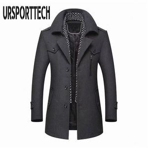 Cappotto invernale in lana da uomo Moda collo medio lungo con sciarpa in cotone imbottito spesso caldo cappotti di lana Trench maschile soprabito 211119