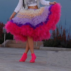 Colorido Ruffles Meninas Mulheres Petticoat Tule Saias Mid-bezerro Jupe Femme Comprimento Ankle Tiered Tule Saias Mulheres Formal Aniversário Feminino Nupcial Couraça