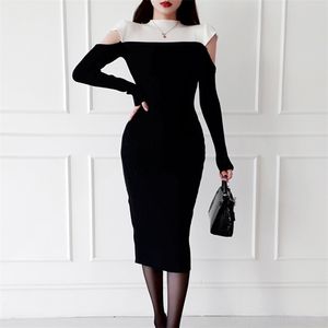 Winter Maxi Stricken koreanische Damen Sexy Langarm warme Patchwork enge Kleid für Frauen China Kleidung 210602
