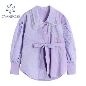 Camicette viola impiombate in maglia Camicette Camicie da donna Lanterna Manica lunga Vita alta Fasciatura Elegante Blusas Risvolto Retro Allentato Top 210417