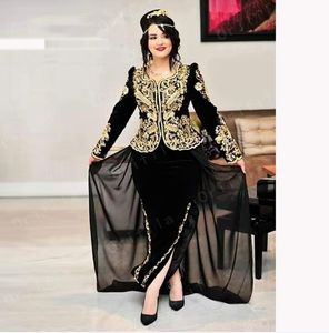 Algerian outfits Karakou Prom Dresses 2022 Black Gold Long Sleeve Peplum Kosovo Albanina lace applique evening gown Vestidos De