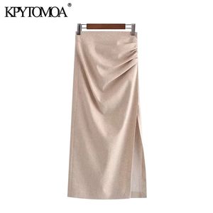 kpytomoaの女性のシックなファッションドレープされたフロントスリットリネンミディスカートビンテージハイウエストバックジッパー女性スカートMujer 210730