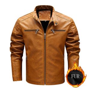 Autumn/Winter Fleece Motorcycle Leather Jacket Full Zip Faux-Leather Men's Coat Brown Vintage Plus Size Slim Mens Wear Jacket 211018