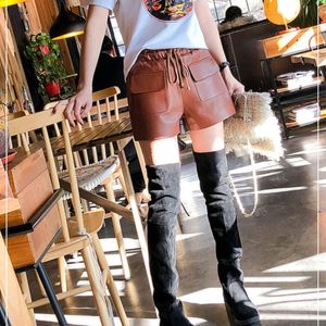 Damen Echtleder Shorts mit großen Taschen Lässige elastische Taille breites Bein kurze Hose Schaffell Damen Braun Grün Streetwear Damen