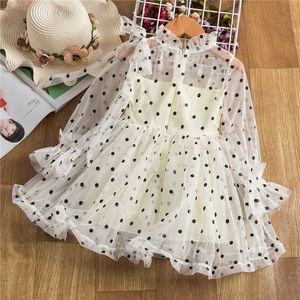 Meninas bolinhas sopro manga longa vestido miúdos malha babados rendas vestidos de chiffon crianças polka dot festa de aniversário princesa traje q0716