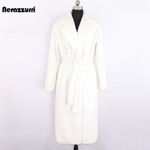 Nerazzurri Winter Long White Black Warm Fluffy Faux Fur Coat Women Long Sleeve Belt Lapel Stylish Korean Fashion without Buttons 211007