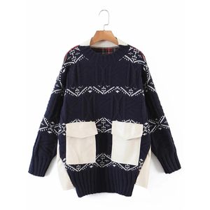 Autumn Winter Women's Clothing Thick Textured Western Style Stitching Plaid Big Pocket Loose Fashion Knitted Sweater 210521