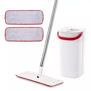 Cleanhome Flat Squeeze Mop with Bucket Hand Free Washing Microfiber Cleaning Cloth for Kitchen Wooden Floor Cleaning 211215