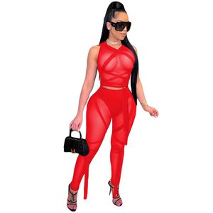 New women jumpsuits Screen perspective bandage solid color sleeveless two piece suit bodycon jumpsuits rompers bodysuit