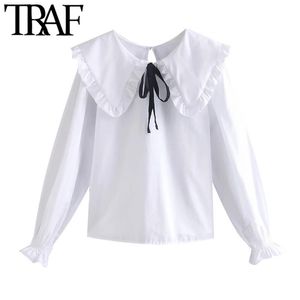 Kadınlar Yay ile Tatlı Moda bağlı Gevşek Bluzlar Vintage Peter Pan Yaka Uzun Kollu Kadın Gömlek Chic Tops 210507