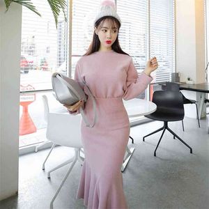 Зимняя Harajuku 2 частей наборы корейских дам розовые вершины с длинным рукавом и трикотаж Maxi юбка партии костюм для женщин Китай одежда 210602