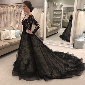 Elegante abito da sposa in pizzo nero con maniche lunghe, scollo a V, senza schienale, treno sweep, corpetto illusione, perfetto per giardino, paese, cappella, matrimoni gotici