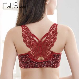 Fallsweet Leopard Front Closure Bra Wireless Beauty Lace Back Bras for Women Prunge Push Up Underwear 210623