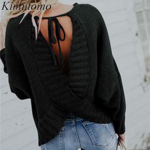 Kimutomo Women Sweater Spring Autumn Western Style Female O-neck Cross Back Lace Up Backless Batwing Sleeve Solid Pullovers 210521