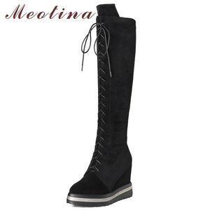 Stivali invernali al ginocchio in vera pelle da donna Stivali in pelle scamosciata di mucca con zeppa e tacco lungo Zip Super Shoes Lady Autunno 210517