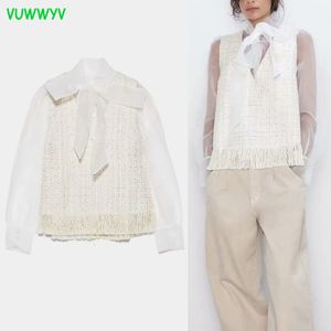 Chic Transparent Tweed Patchwork Top Women Spring Front Tie Woman Blouse Fashion Long Semi Sheer Sleeve OrganTops 210430