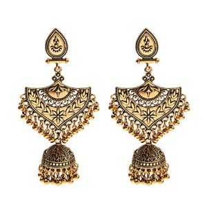 Retro Women's Big Flower Carved Indian Jhumka Dangle Earring Vintage Bell Tassel Dangling Örhängen