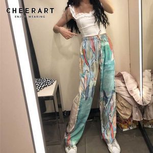 CHEERART Watercolor Print Wide Leg Pants Women Summer Trousers Loose High Waist Drawstring Pants Fashion Streetwear Trendy Q0801