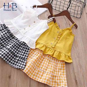 Summer Girls Clothes Set Sleeveless Buttons Ruffled Edge Sling Vest Tops+Plaid Skirt 2Pcs Cute Children's Clothing 210611