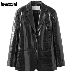 Nerazzurri Primavera Preto Reflexivo Cópia de Couro Blazer Jaqueta para Mulheres Manga Longa Soft Faux Leather Blazer 211007