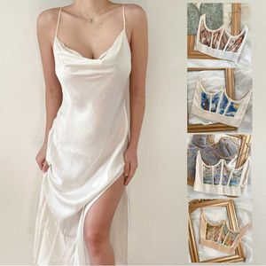 Women Summer Dresses Sexy Sleeveless Spaghetti Strap Elegant Party With Waist Cincher Bustier Solid Satin 210608