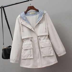 綿の女性フード付きウインドブレーカーコート春秋ファッションポケット巾着長袖ルーズアウヤー210531