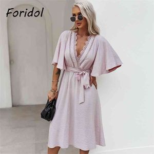 Föridol spets spliced ​​elegant damer klänning kvinnor flare ärm lila lång klänning v nacke casual maxi sommar klänning sundress 210415