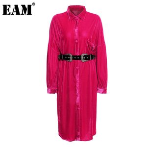 [EAM] Women Vintage Velour Red Leisure Long Dress Lapel Sleeve Loose Fit Fashion Spring Autumn 1DD2366 210512