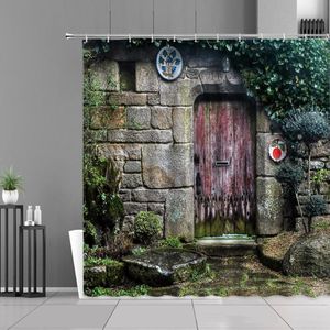 Dusch gardiner europeisk stil trädgård sten väggar gammal dörr landsbygd retro nordisk hem dekor väggduk vattentät badrum gardin