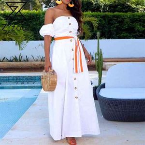 Kobiety Sukienka Slash Neck Rękawem Puff Białe Seksowne Suknie Off Ramię Plus Rozmiar Vintage Letnie Odzież 210513