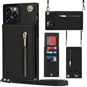 Sockt￤ta telefonfodral f￶r iPhone 14 13 12 11 Pro Max X Xs XR 7 8 Plus Skink￤nsla PU LￄDER Cross-Body Protective Case med blixtl￥smyntv￤ska och axelrem