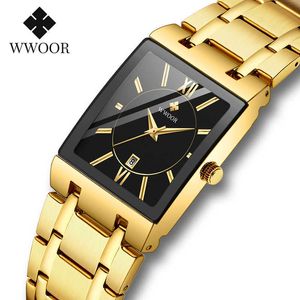 WWOOR Mens Rectangular Watches Luxury Gold Black Watches Bracelet For Men Waterproof Date Quartz Wrist Watch Male With Box 210527