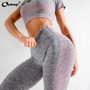 Seamlwomen Yoga set långärmad gröda högsta midja mage kontroll sport leggings sätter gym träning kläder fitnyoga kostym x0629