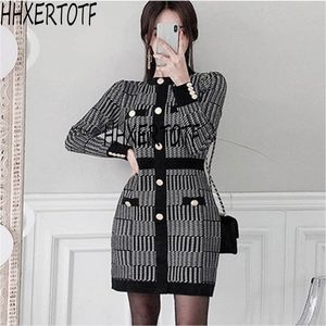 Autumn Winter Elegant women Knit Dress Patchwork Plaid Vestidos Single-breasted Women Bodycon 210531