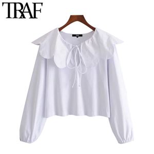 Traf Kadınlar Tatlı Moda Bağlı Gevşek Beyaz Bluzlar Vintage Uzun Kollu Patchwork Kadın Gömlek Blusas Chic Tops 210415