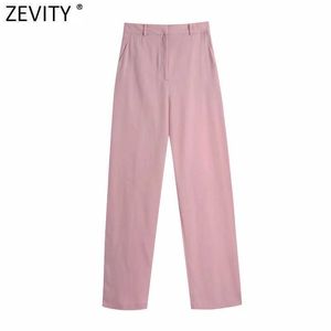Zevity Women Simply Różowy Kolor Szerokie Spodnie Nogi Vintage Wysokiej Talii Biuro Panie Zipper Fly Casual Pantalones Mujer P1023 210603