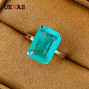 OEVAS 100% 925 Sterling Silver 10*14MM Synthesis Emerald Cut Paraiba Tourmaline Wedding Rings For Women Party Fine Jewelry Gifts 211217