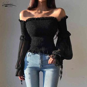 Swing Solid Szyfonowa Koszula Bluzki Kobiety Casual Długie Rękaw Slash Neck Sexy Gorset Top Koronki Panie Biurowe Topy 12813 210508