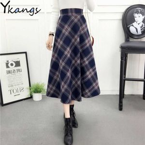 Womens Plus Size Elastic Elastic High Cintura xadrez Saia Outono Inverno Quente Espesso Selvagem Longia Ladies Office Maxi Skirt 210619