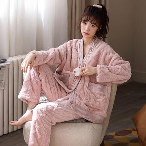 Pijamas outono e inverno coral feminino de cashmere espessado tamanho da mãe pode usar calças de duas peças quentes de flanela