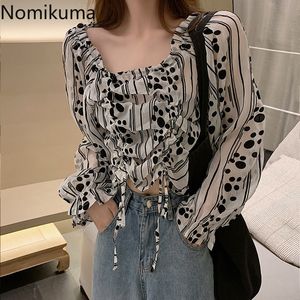 Nomikuma İpli Dantel Yukarı Dot Gömlek Tam Kollu Hafif Şeffaf Şifon Bluz Kadın Casual Vintage Blusas Tops 3B876 210514