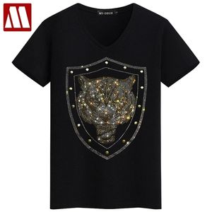 Yaz Kısa Kollu T-Shirt Kaplan Tasarım T Shirt V Yaka Boncuk Baskı Tees Üst Blingbling Temel T-shirt S-5XL 210714