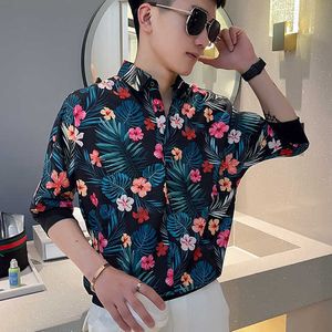 Summert Flower T Shirts Men Fashion Streetwear Social Shirt Koreansk Loose Pullover Nattklubb Party Male Kläder Chemise Homme 210527