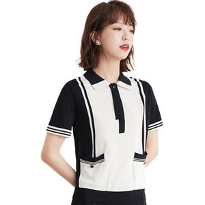 패션 반팔 탑 여성 짧은 흑백 스티치 니트 바닥 셔츠 여름 외국 스타일 티셔츠 210520