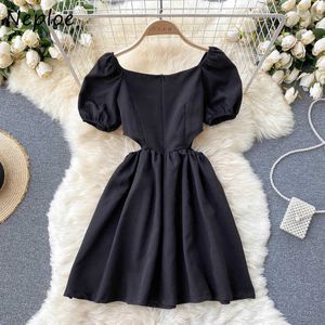 Neploe Trabalho Pesado Beading Patchwork Vestido de Temperamento Mulheres Cintura Alta Cintura Hip Uma Linha Slim Vestidos Verão Verão Manga Curta Robe Preto Y0823