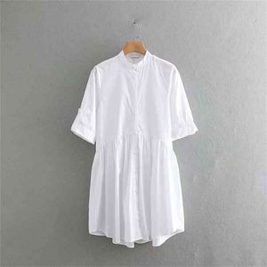 women simply solid color stand collar white shirtdress female roll up sleeve vestidos chic autumn casual pleats dresses DS2829 210420