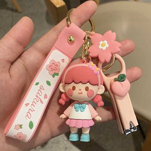 New Pink Cherry Blossom Girl Keychain Cute Girl Exquisite Backpack Pendant Three-dimensional Cartoon Car Keyring Gifts Wholesale G1019