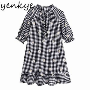 Summer Women Vintage Floral Plaid Dress Female Lace Up Stand Collar Half Sleeve Casual Loose Plus Size Vestido 210514