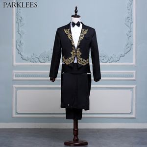 Heren Bruiloft Prom Suits Slim Fit Black Embroidery Double Breasted Pak Men Stage Singer Performance Stuk Suit Jas Pants