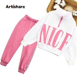 Girls Sport Clothes Set Sweatshirt + Pants Clothes For Girls Letter Pattern Costume For Girl Teenage Children's Tracksuit 211021